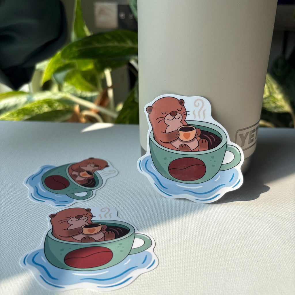 Cute Otter Drinking Coffee Vinyl Sticker