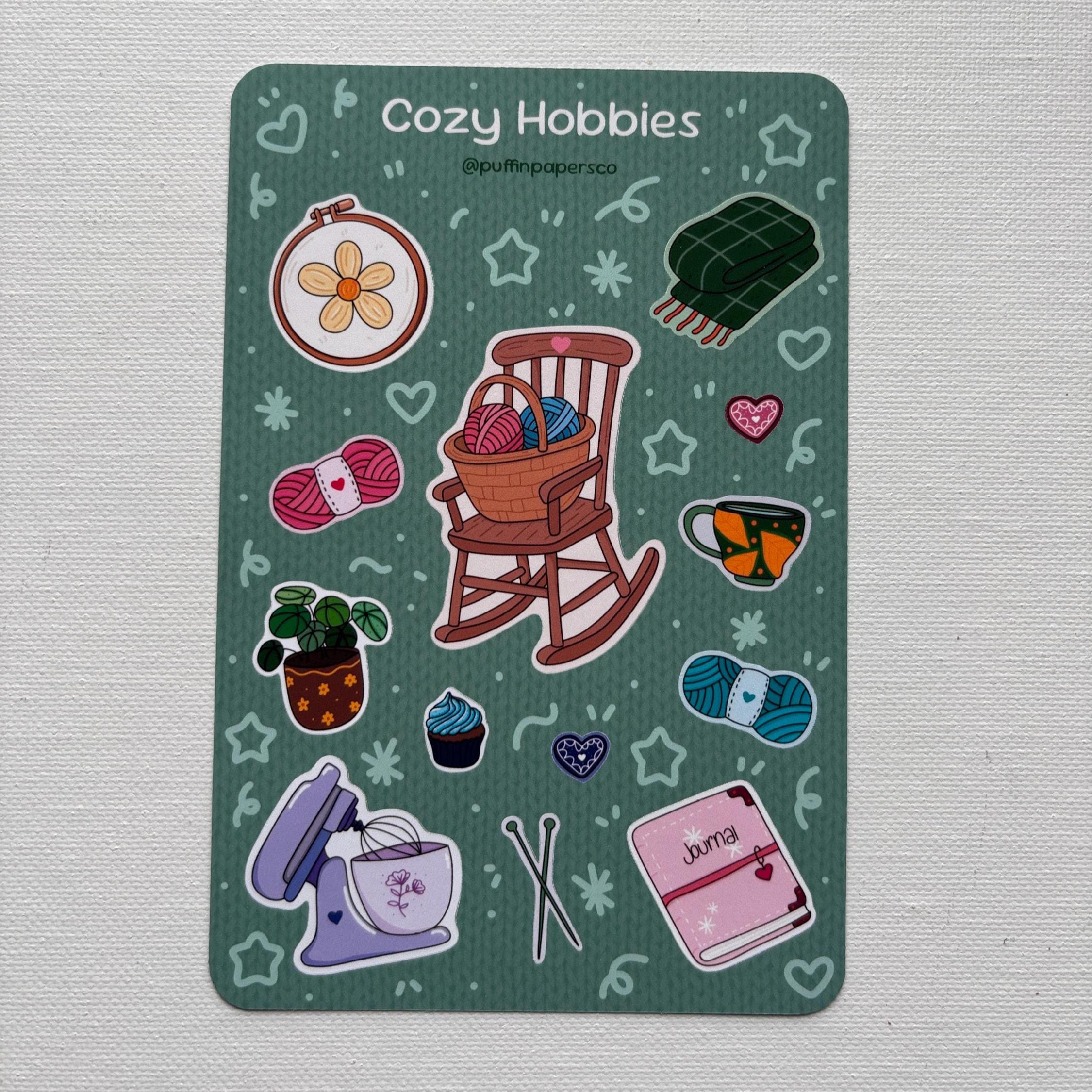Cozy Hobbies Stickers: Laminated or Matte Paper Sticker Sheet for Water Bottle, Laptop, Journal, Planner