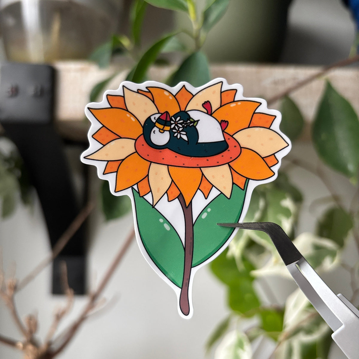 Puffin Chilling on a Sunflower Sticker