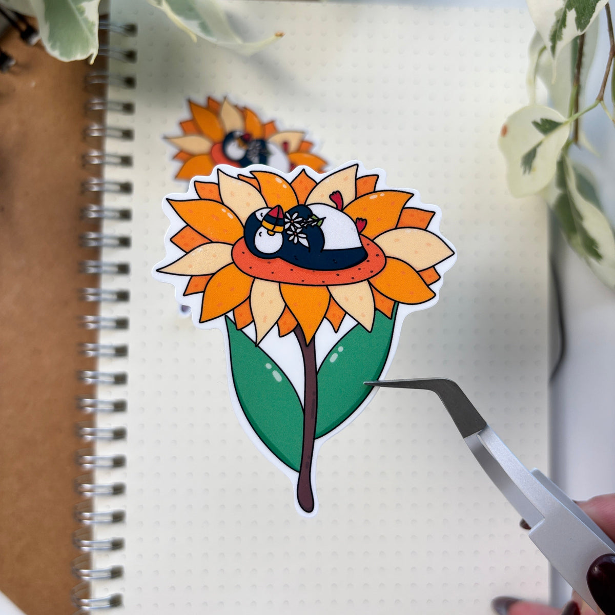 Puffin Chilling on a Sunflower Sticker