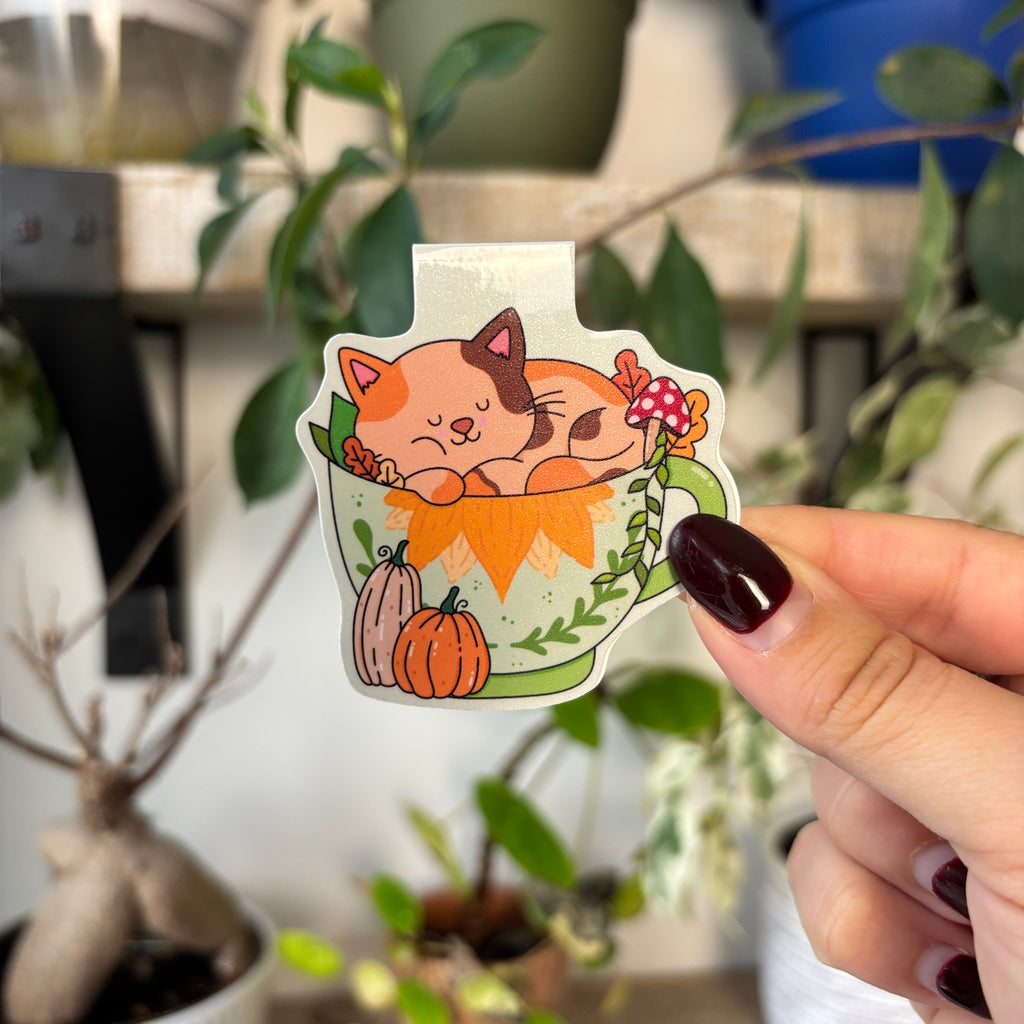 Fall Kitty Cup Magnetic Bookmark