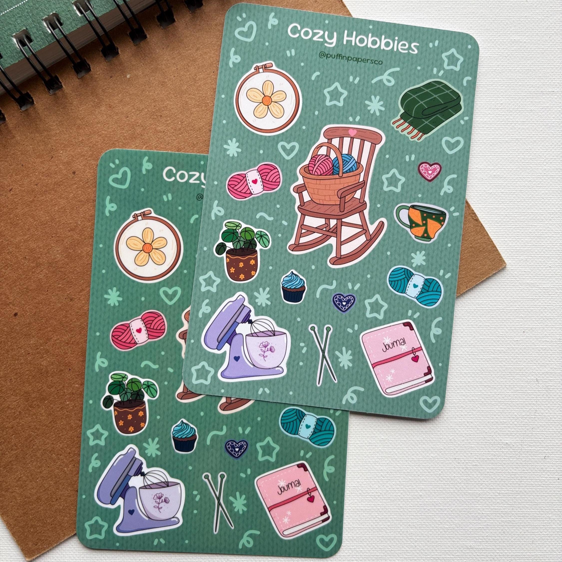Cozy Hobbies Stickers: Laminated or Matte Paper Sticker Sheet for Water Bottle, Laptop, Journal, Planner