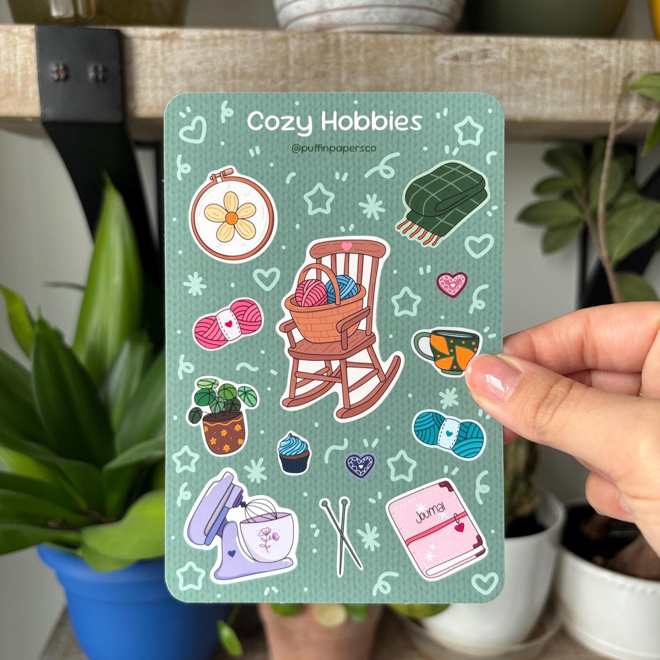 Cozy Hobbies Stickers: Laminated or Matte Paper Sticker Sheet for Water Bottle, Laptop, Journal, Planner